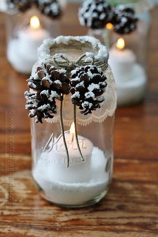 Snowy Pinecone Candle Jar Luminaries @amandaformaro Crafts by Amanda