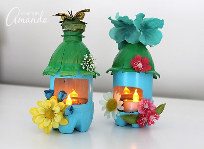 Turn empty plastic water bottles into adorable little fairy houses 