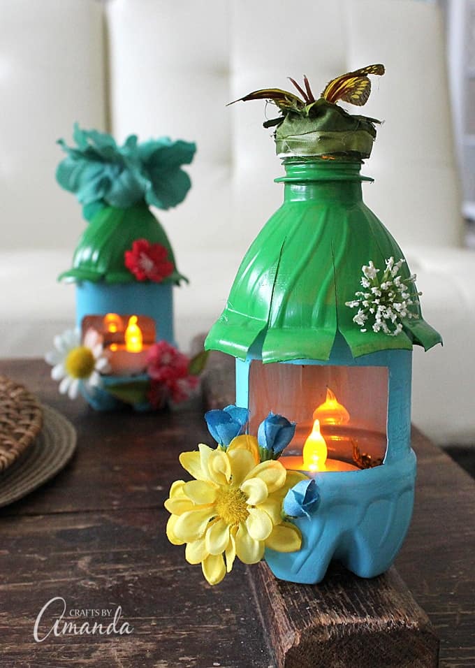 Turn empty plastic water bottles into adorable little fairy houses that double as night lights! Fun for a child's room or a nursery, or even the garden.