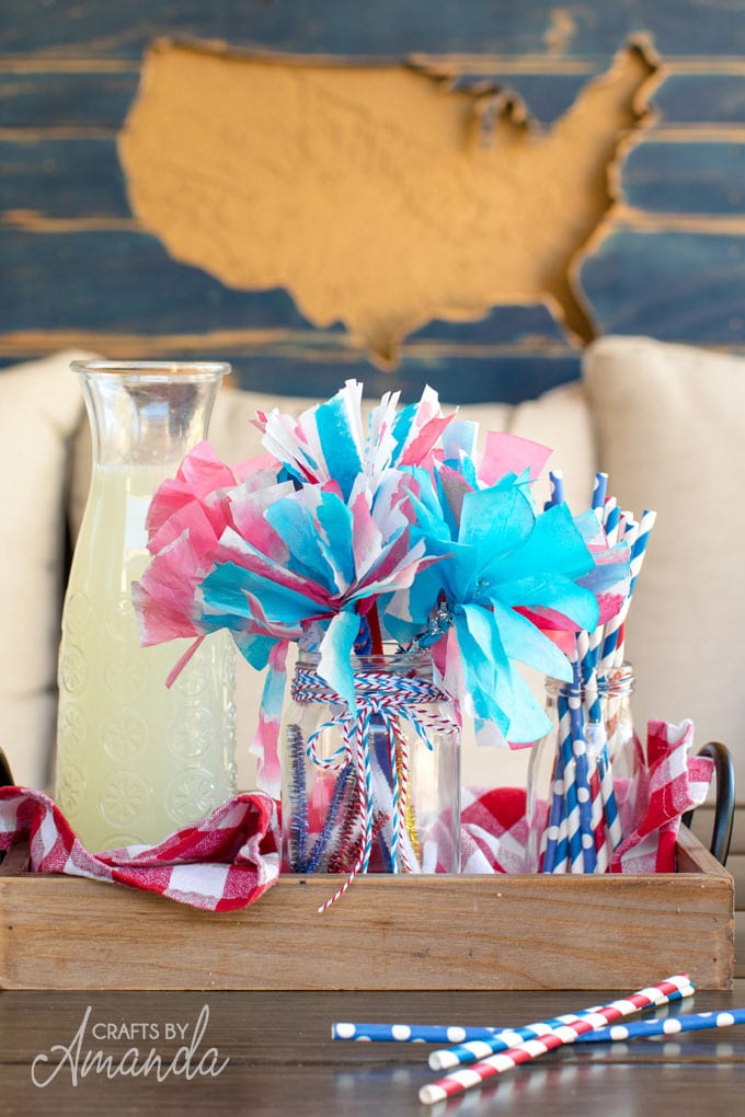 red white and blue paper flowers on table