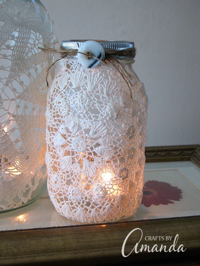Burlap & Doily Luminaries wedding jar lanterns