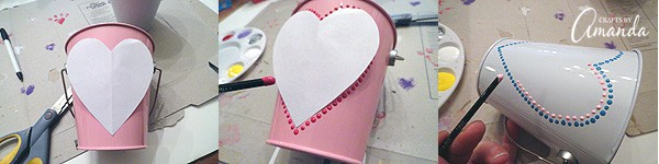 The process is really simple for these Valentine treat buckets, it just takes a little patience. Cut out a heart shape from a piece of paper and place it in the bucket.