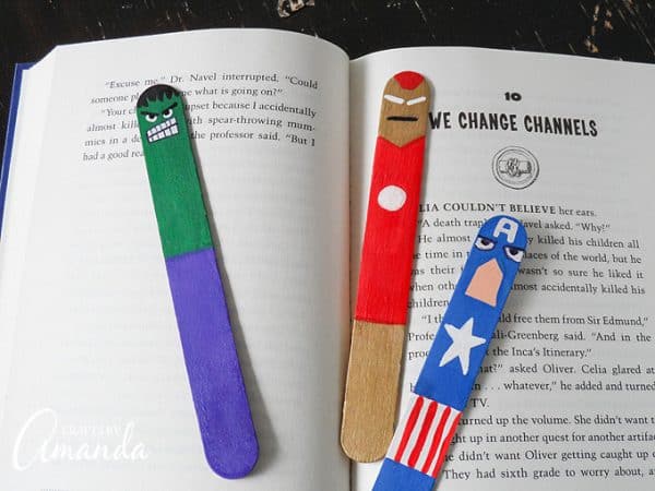 Avengers Bookmarks: superhero craft made from craft sticks