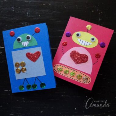 These cute robot Valentines are perfect for any child, boy or girl! Use supplies such as construction paper and glitter to create your own robot designs.