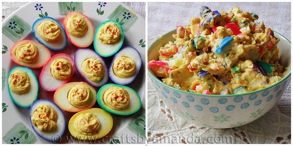 Beautiful rainbow ringed Colored Easter Eggs, deviled eggs and egg salad by CraftsbyAmanda.com @amandaformaro