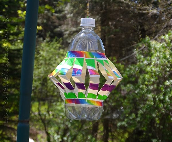 recycled plastic bottle wind spinner with colorful duct tape