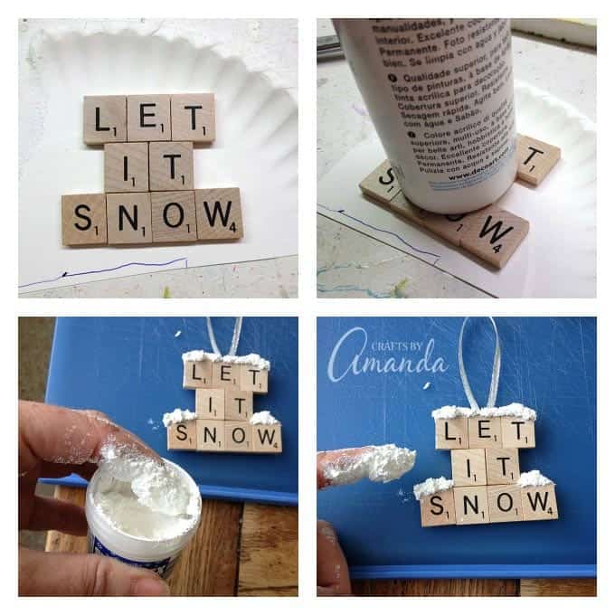 Make a "Let It Snow" scrabble tile ornament from scrabble tiles and snow texture paint! So easy to make, you will need a paper plate and some felt too, great to give as gifts! A fun Christmas ornament project for kids and adults. 