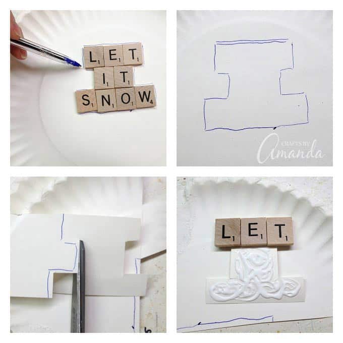 Make a "Let It Snow" scrabble tile ornament from scrabble tiles and snow texture paint! So easy to make, you will need a paper plate and some felt too, great to give as gifts! A fun Christmas ornament project for kids and adults. 