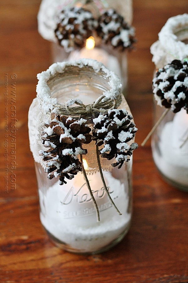 Snowy Pinecone Candle Jar Luminaries @amandaformaro Crafts by Amanda