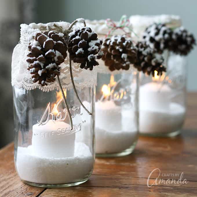 DIY Christmas Craft: Snowy Mason Jar Tea Light Holders