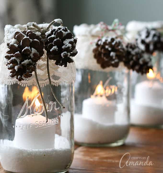 Winter Luminaries: Snowy Pinecone Candle Jars for winter