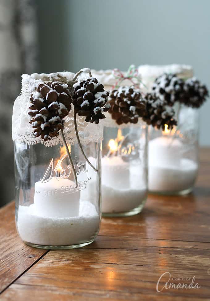 Winter Luminaries: Snowy Pinecone Candle Jars for winter