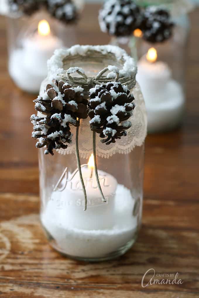 Winter Luminaries: Snowy Pinecone Candle Jars for winter