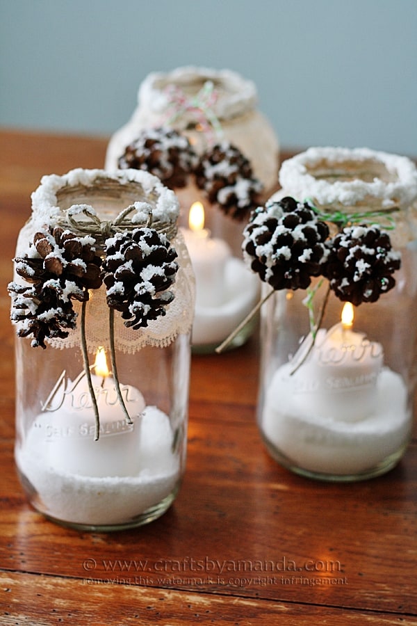 Snowy Pinecone Candle Jar Luminaries @amandaformaro Crafts by Amanda