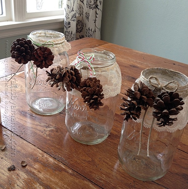 Glue pinecones to twine