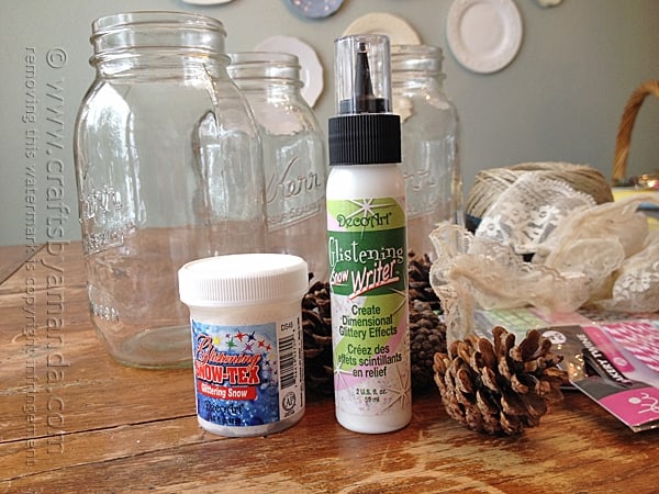 Supplies for snowy pinecone winter luminaries