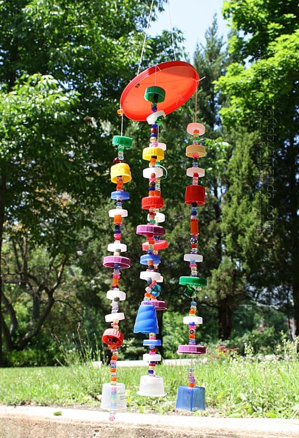 Recycled wind chime made from plastic lids
