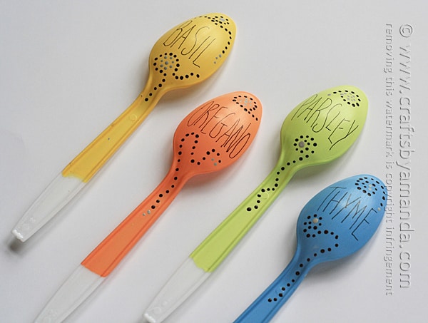 Plastic Spoon Garden Markers in yellow, orange, green, and blue