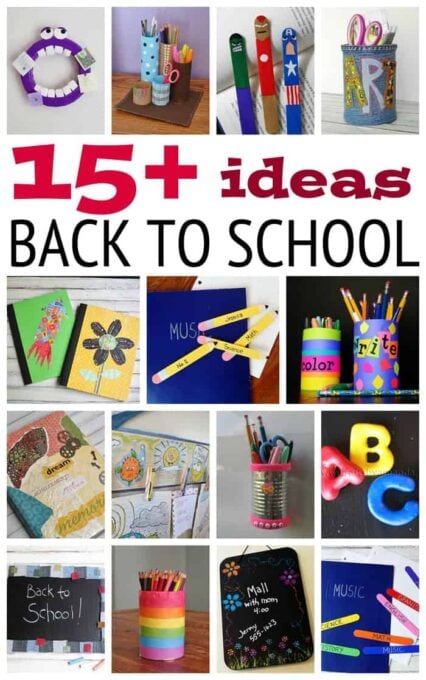 15+ Fun Back to School Ideas: bookmarks, pencil holders, book covers, cork boards, chalk boards, lots of ideas here! PLUS at the end links to even MORE ideas!!