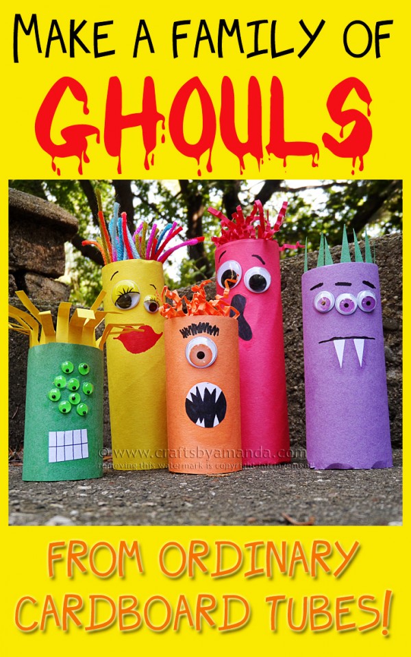 Cardboard Tube Craft: Make a Colorful Ghoul Family! These are ADORABLE and perfect for Halloween! But monsters are great any time of year, so this works year round! From Amanda Formaro of Crafts by Amanda
