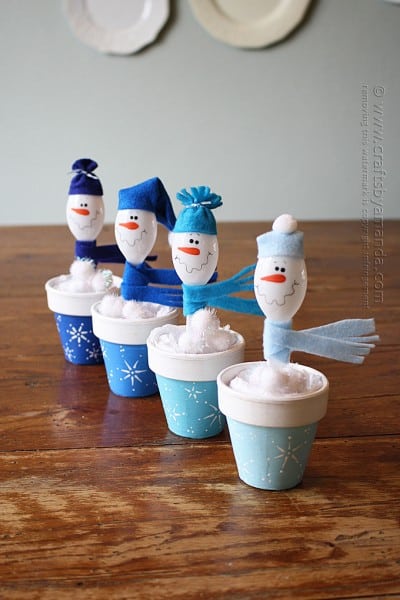 snowamn diy craft with white ceramic bowlpompoms
