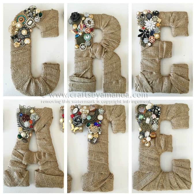 Vintage Jewel Burlap Wall Letters by Amanda Formaro, Crafts by Amanda