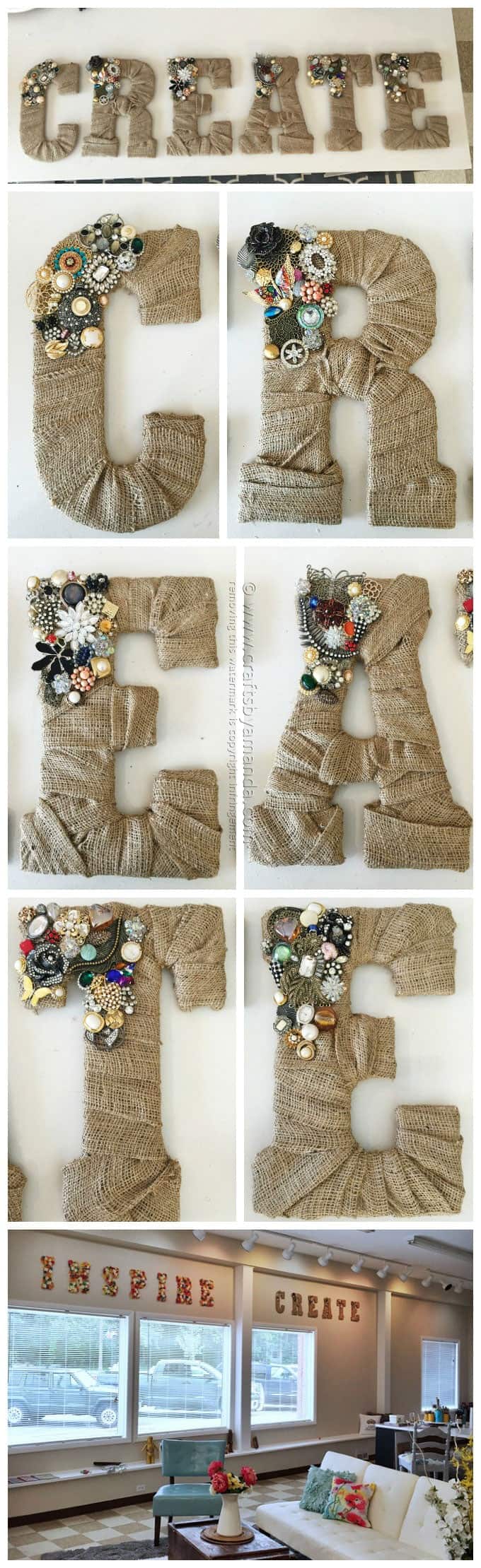 Vintage Jewel Burlap Wall Letters by Amanda Formaro, Crafts by Amanda