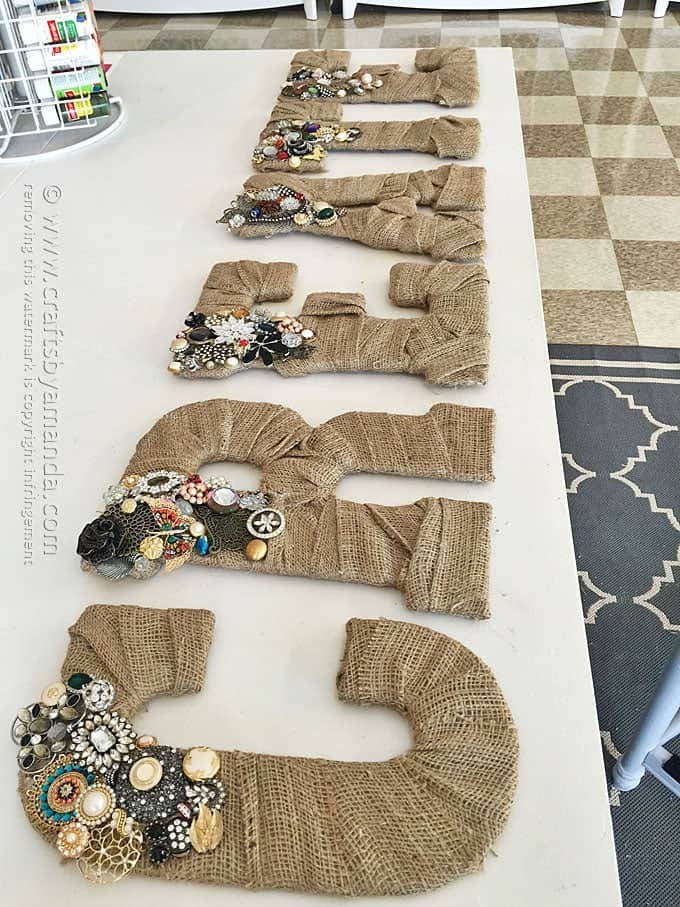 Vintage Jewel Burlap Wall Letters by Amanda Formaro, Crafts by Amanda