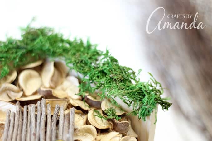 adding moss to the roof of the birdhouse