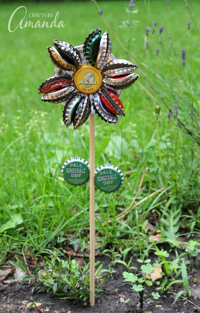 Rustic Bottle Cap Flower in garden