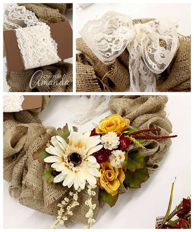 adding lace to burlap wreath