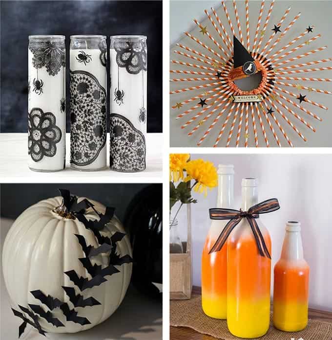 DIY Halloween Decorations including Halloween Candles, Halloween Wreath, Halloween Bat Pumpkin and Candy Corn Wine Bottles