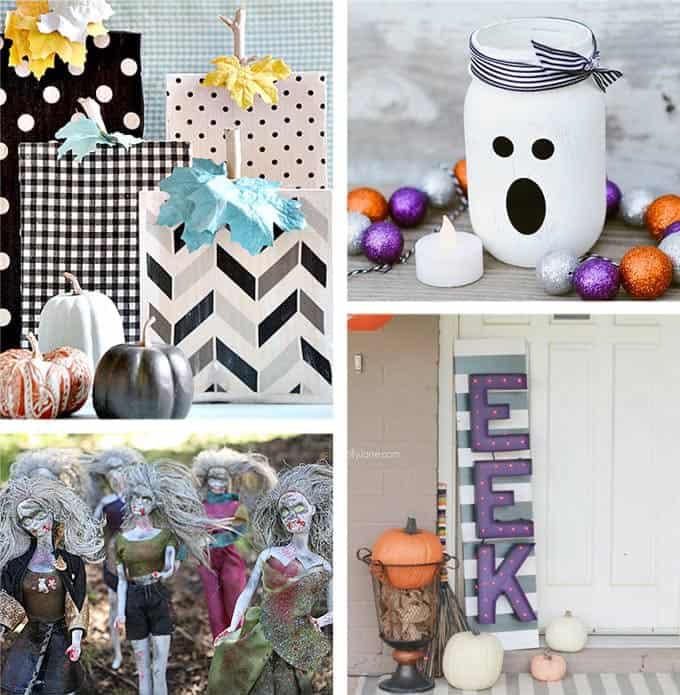 DIY Halloween decorations including Barbie Zombies, EEK Sign, Ghost Mason Jars and cute Patterned Pumpkins for Halloween