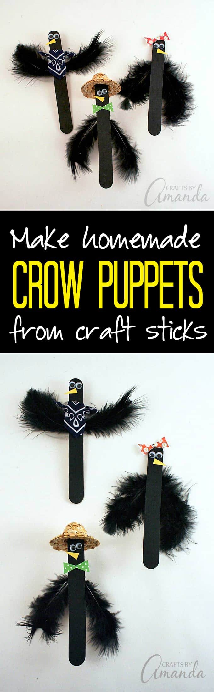 These popsicle stick crows are perfect to use as puppets, or to tuck into plants as part of your fall decor!