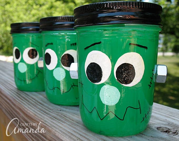 Mason jars become Frankenstein luminaries with this fun Halloween craft project!