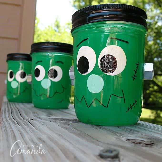 Mason jars become Frankenstein luminaries with this fun Halloween craft project!