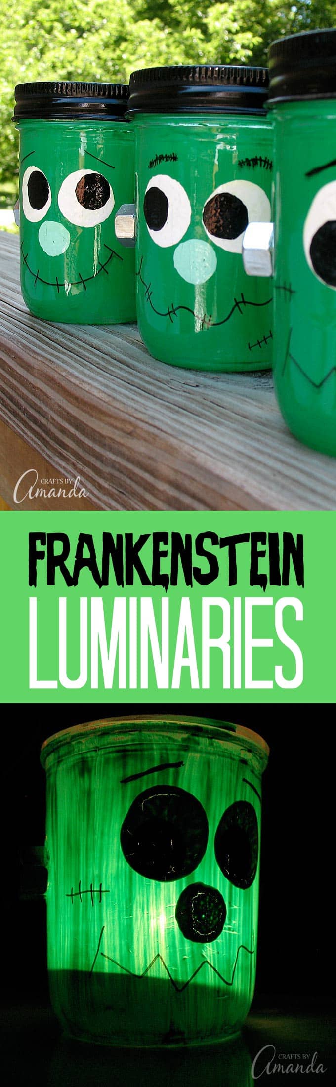 Mason jars become Frankenstein luminaries with this fun Halloween craft project!