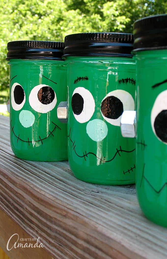 Mason jars become Frankenstein luminaries with this fun Halloween craft project!