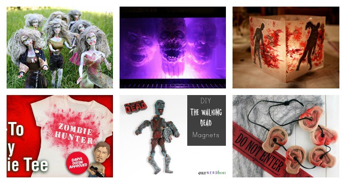 Walking Dead Crafts - zombie barbies, zombie magnets, bloody lanterns, daryl's ear necklace cookies, governor's fish tank of heads, zombie hunter shirt