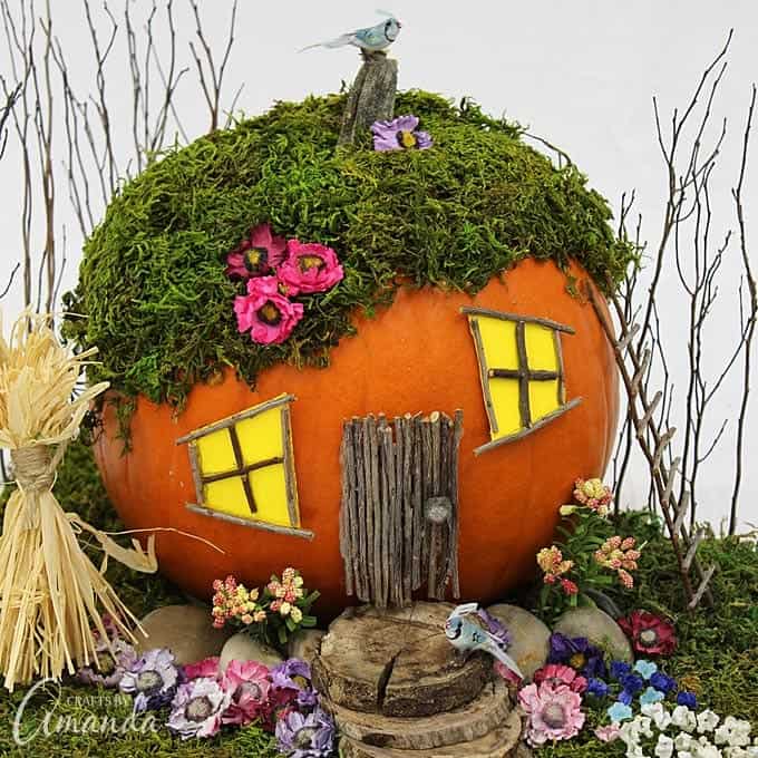 An adorable pumpkin fairy house! Use a pumpkin, natural elements such as twigs and wood, and moss and silk flowers to create a fall themed fairy garden.