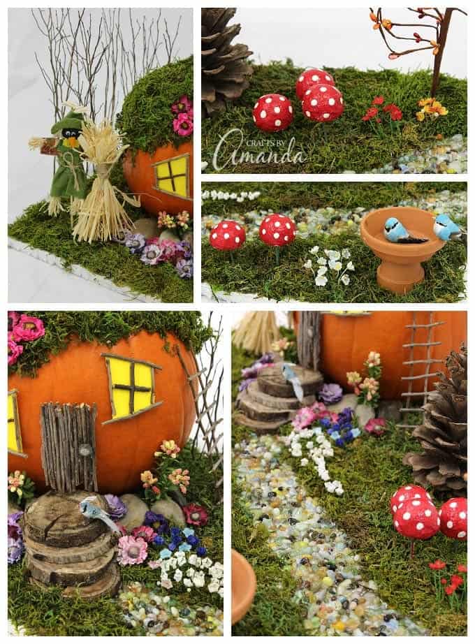 An adorable pumpkin fairy house! Use a pumpkin, natural elements such as twigs and wood, and moss and silk flowers to create a fall themed fairy garden.