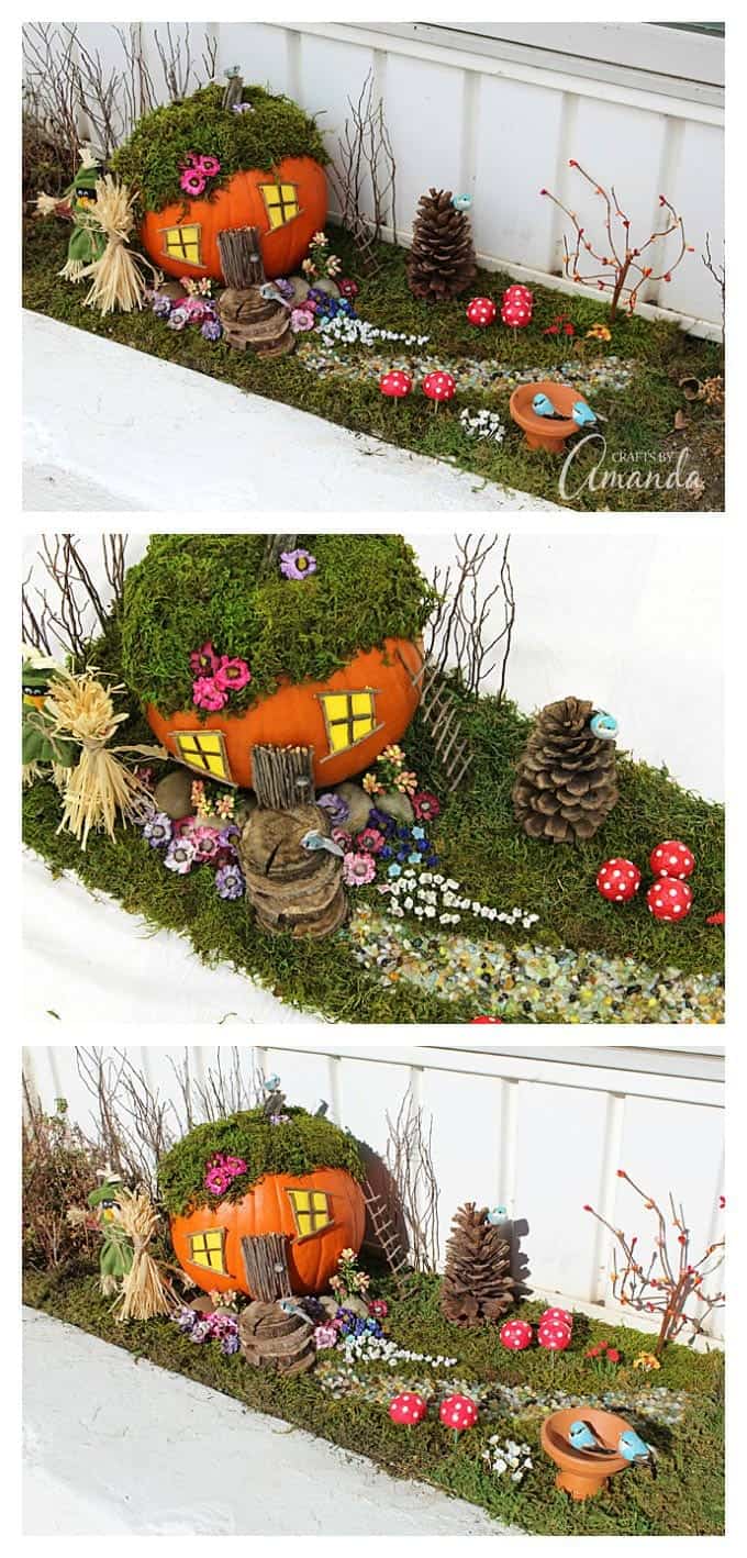 An adorable pumpkin fairy house! Use a pumpkin, natural elements such as twigs and wood, and moss and silk flowers to create a fall themed fairy garden.