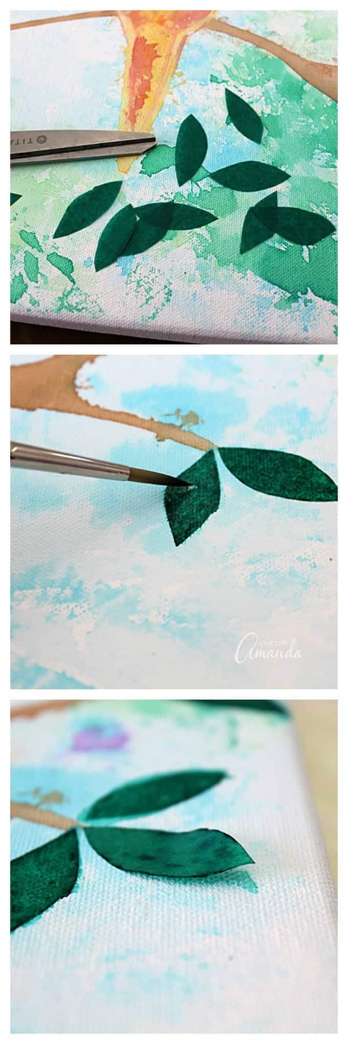 adding tissue paper to canvas to create leaves