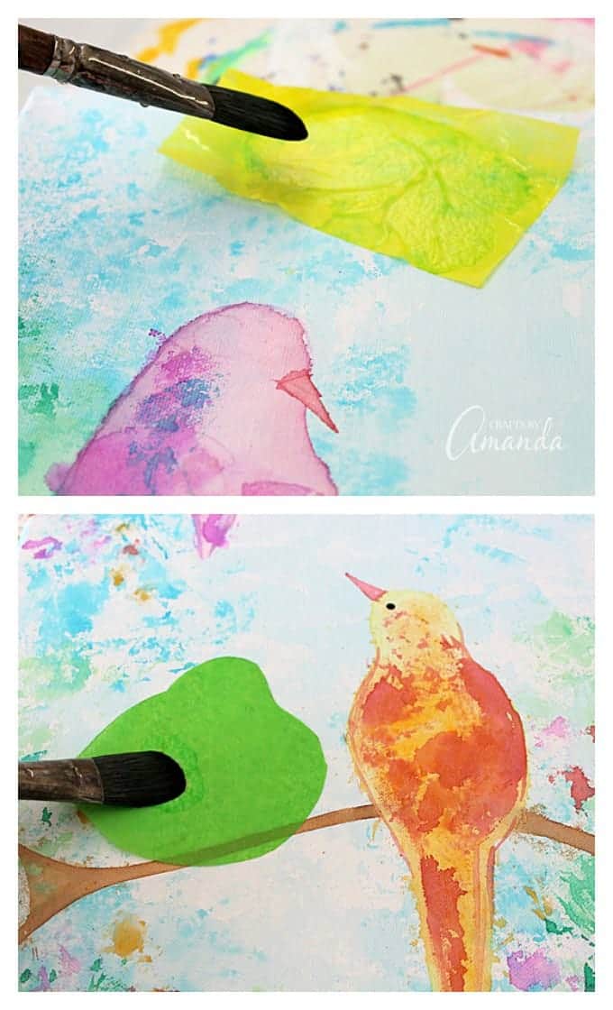 adding bleeding tissue paper to canvas to create birds