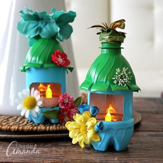 Turn empty plastic water bottles into adorable little fairy houses that double as night lights! Fun for a child's room or a nursery, or even the garden.