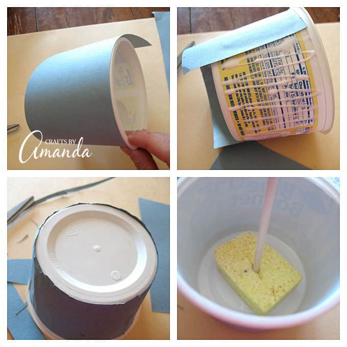 glue construction paper around the margarine tub. Insert a sponge and dowel in the middle