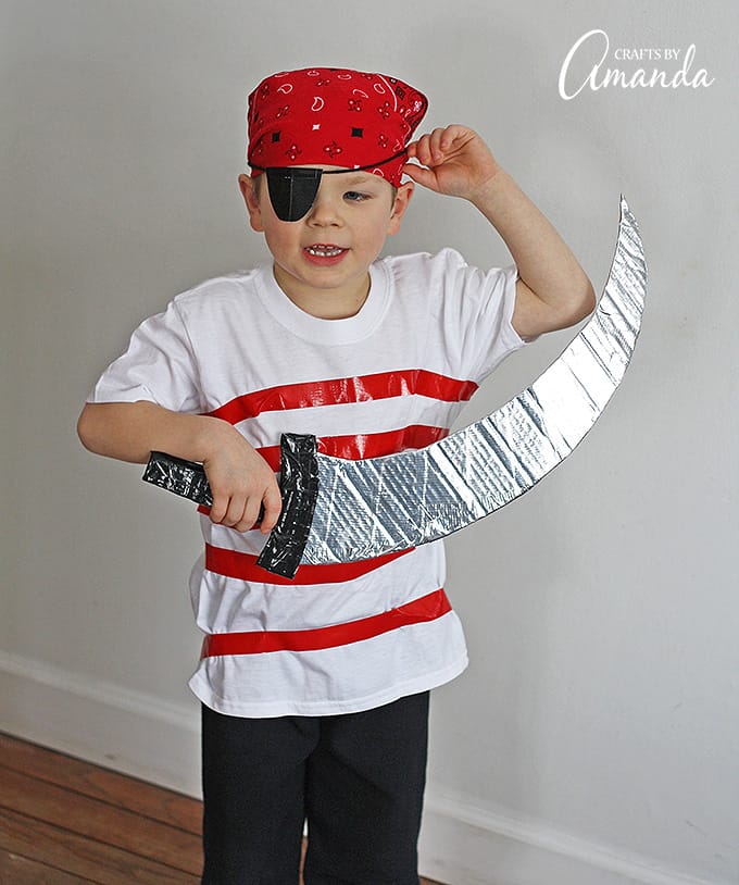 Use duct tape, street clothes and a little cardboard to create this super easy, perfect for last-minute pirate costume for Halloween or a pirate birthday!