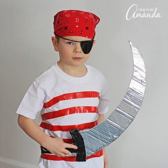 Use duct tape, street clothes and a little cardboard to create this super easy, perfect for last-minute pirate costume for Halloween or a pirate birthday!