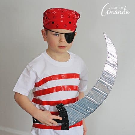 Use duct tape, street clothes and a little cardboard to create this super easy, perfect for last-minute pirate costume for Halloween or a pirate birthday!