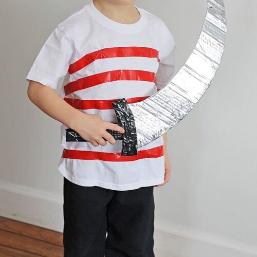 Use duct tape, street clothes and a little cardboard to create this super easy, perfect for last-minute pirate costume for Halloween or a pirate birthday!